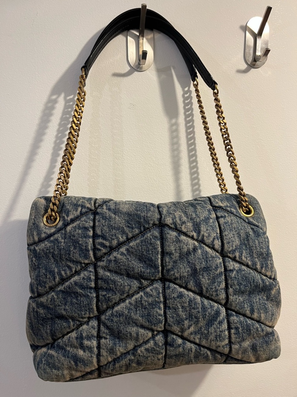 Saint Laurent Quilted Denim Shoulder Bag with Gold Chain - Picture 3 of 6